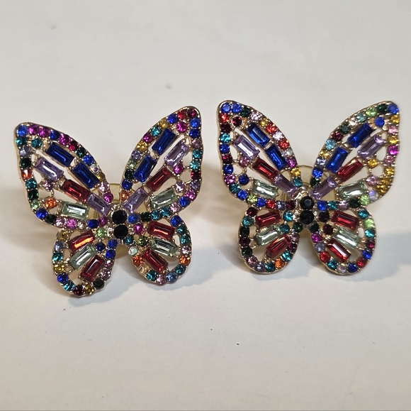 Multicolor Crystal Embellished Cut Out Gold Butterfly Earrings Fashion Jewelry - Picture 4 of 7